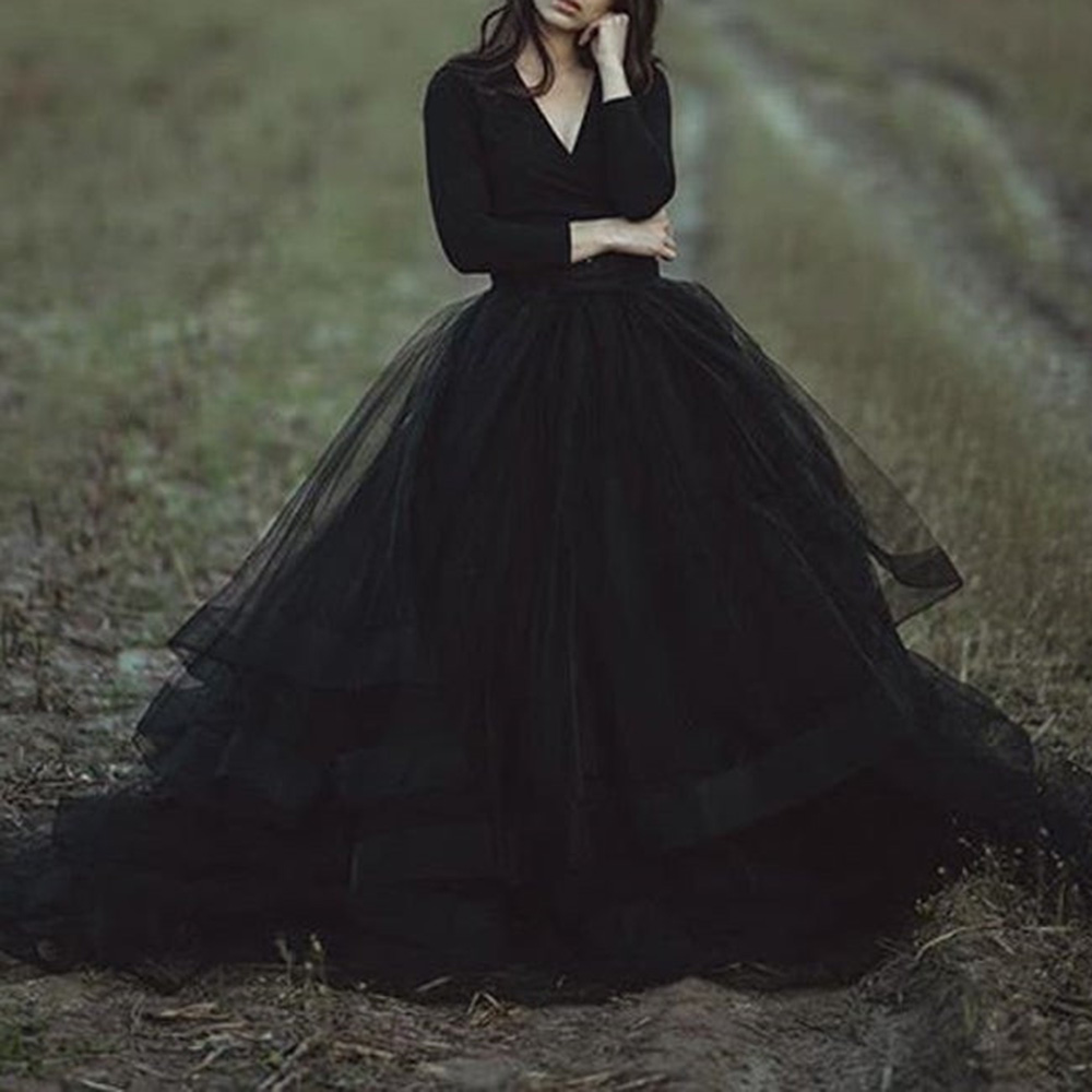 Ball Gown Floor-Length Long Sleeves V-Neck Black Wedding Dress 2021