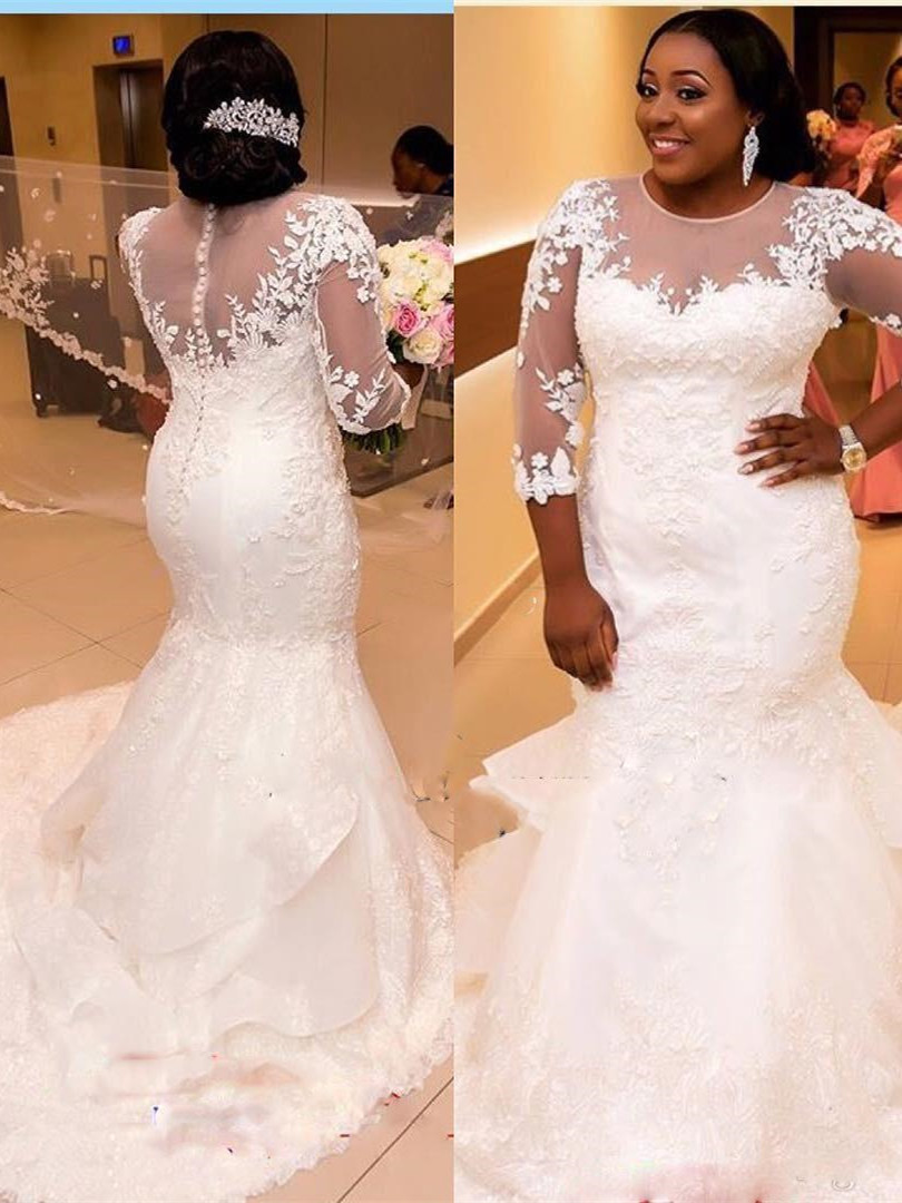 3/4 Length Sleeves Appliques Mermaid Plus Size Wedding Dress