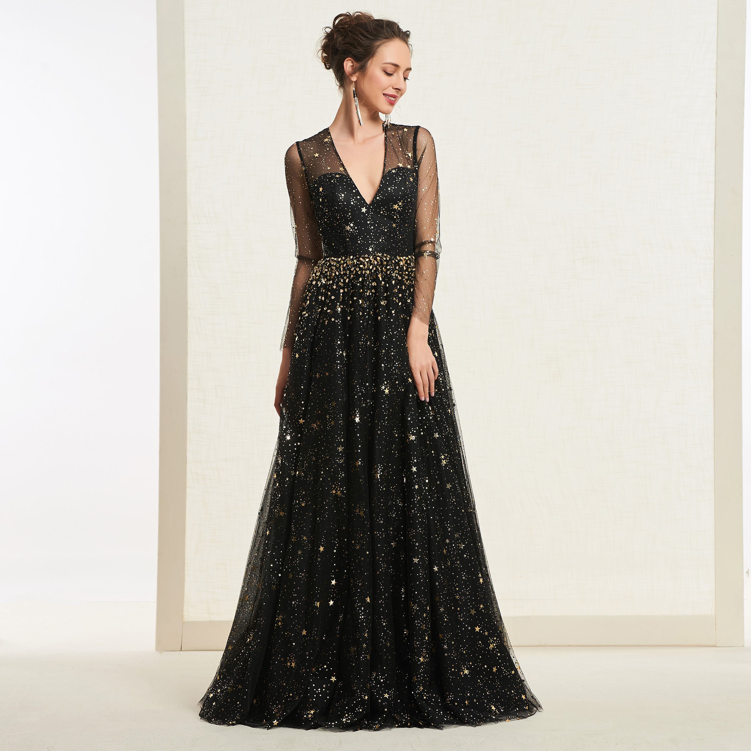 A-Line Beading Star Sequins Long Sleeves V-Neck Prom Dress