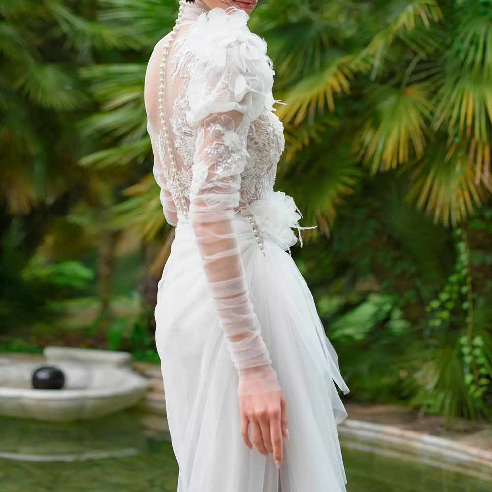 Floor-Length A-Line High Neck Long Sleeves Hall Wedding Dress 2022