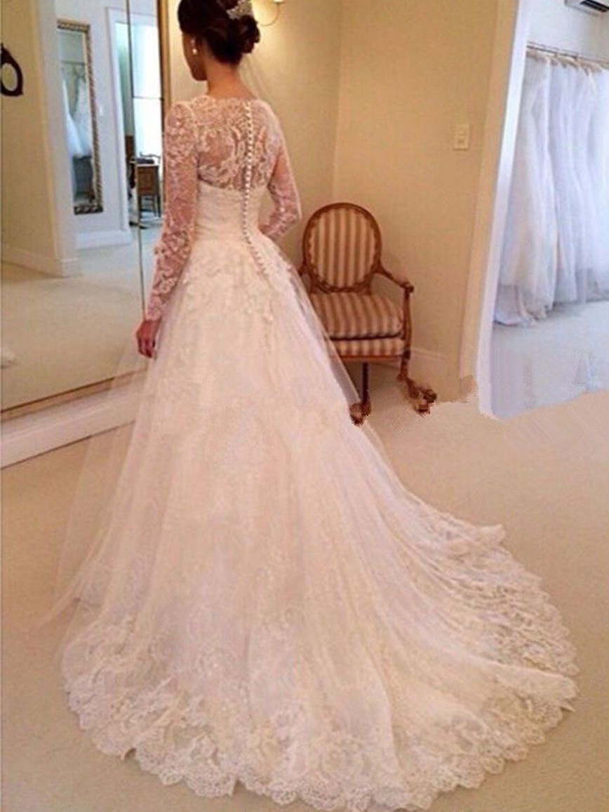 Button Back Lace Wedding Dress with Long Sleeves