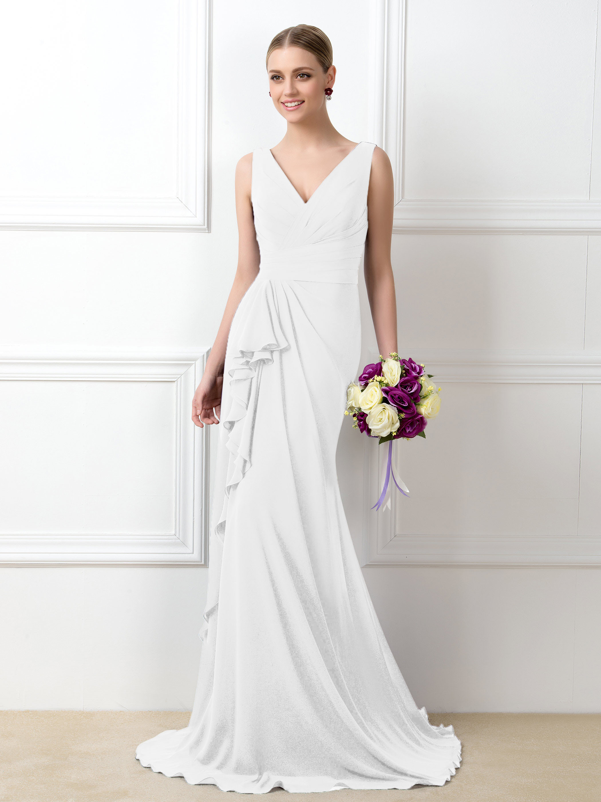 Sheath V-Neck Ruffles Long Bridesmaid Dress