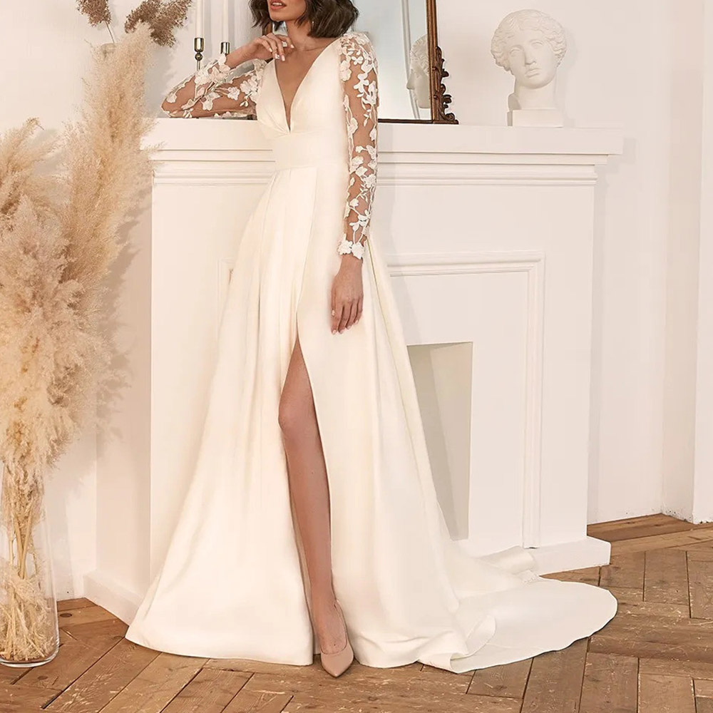 V-Neck Floor-Length Lace Long Sleeves Church Wedding Dress 2022