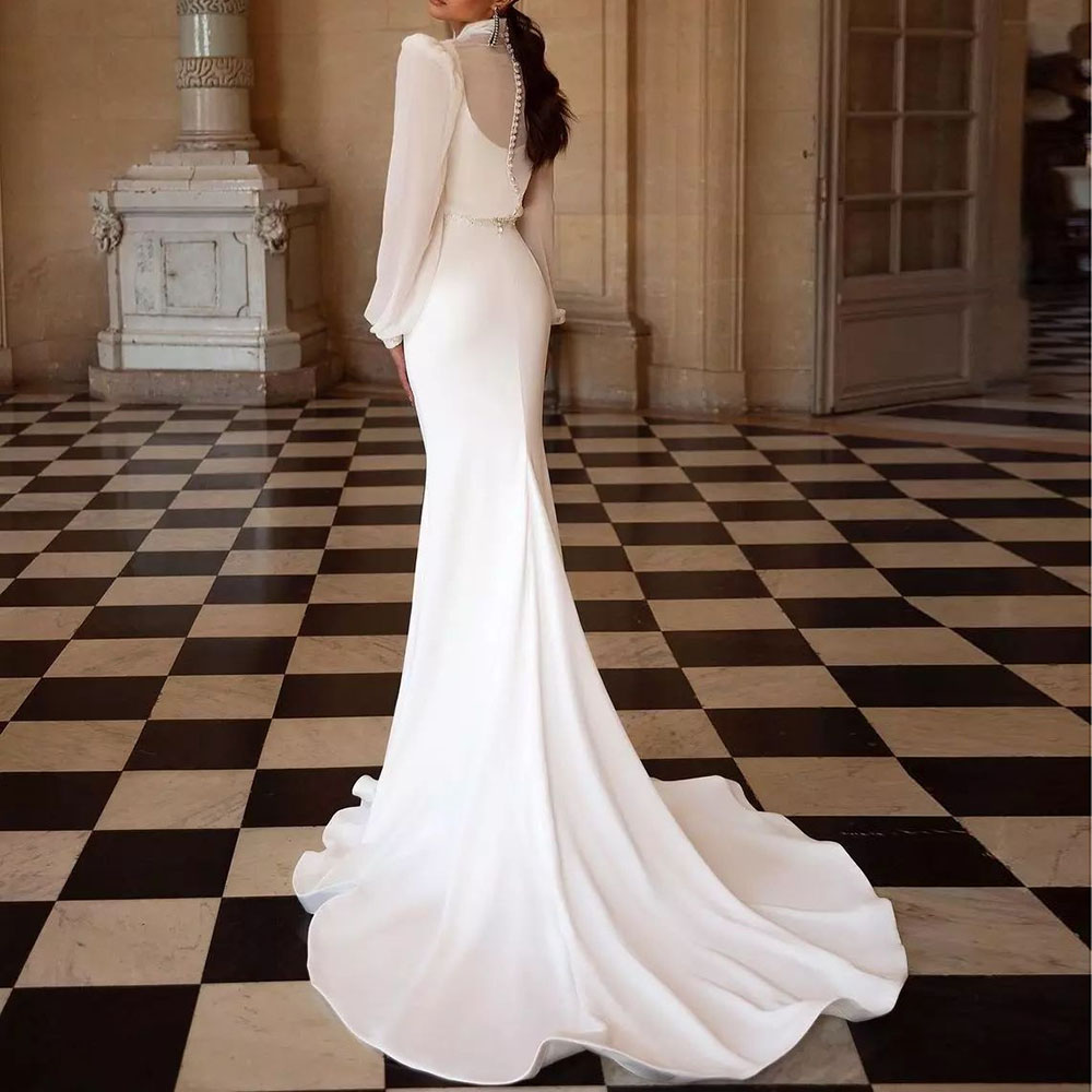 Trumpet High Neck Floor-Length Split-Front Church Wedding Dress 2022
