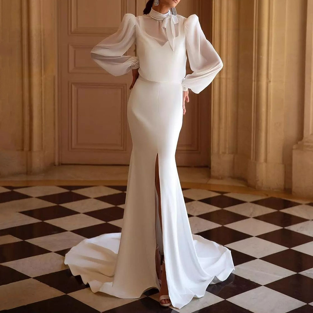 Trumpet High Neck Floor-Length Split-Front Church Wedding Dress 2022