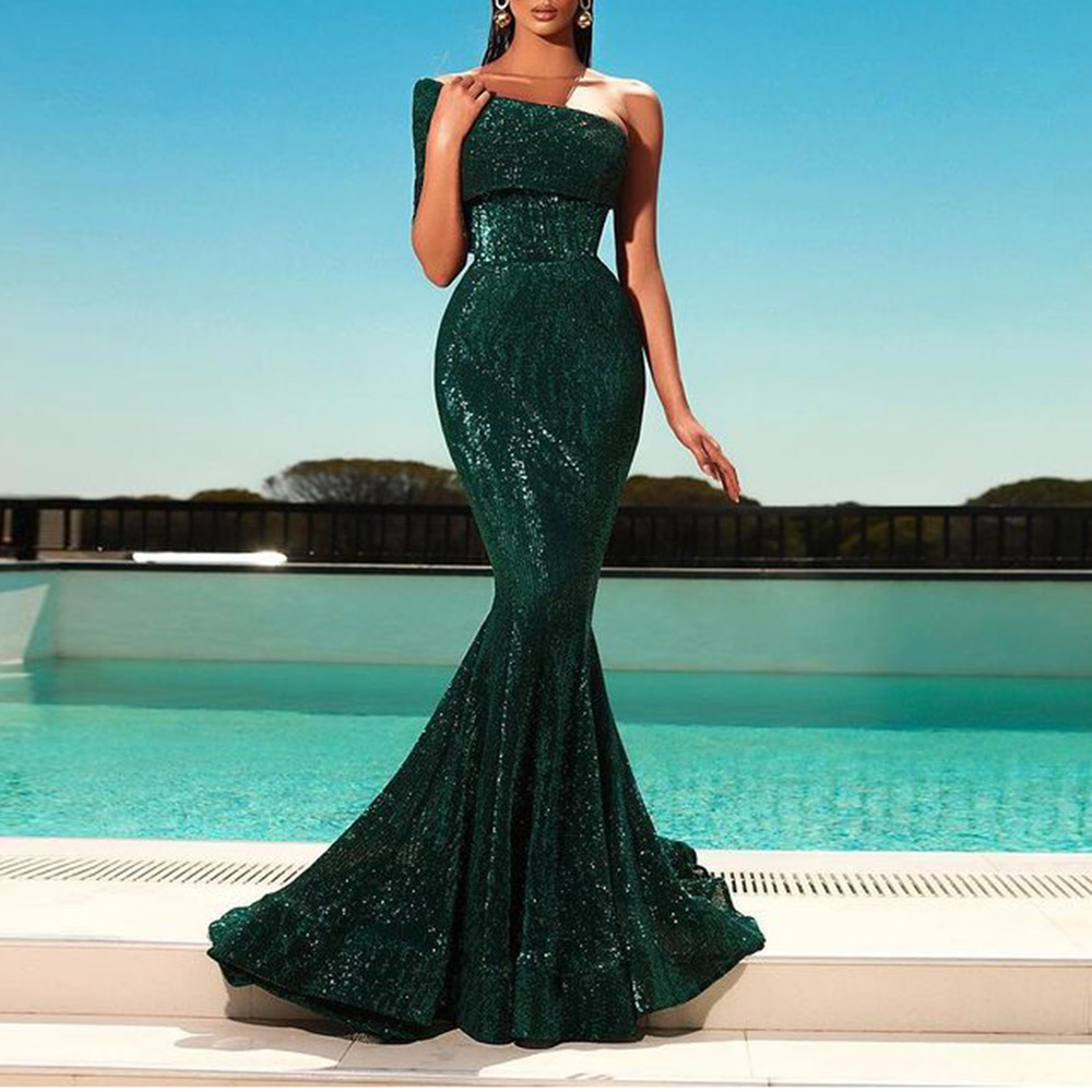 Empire Floor-Length Short Sleeves Mermaid One Shoulder Evening Dress 2021
