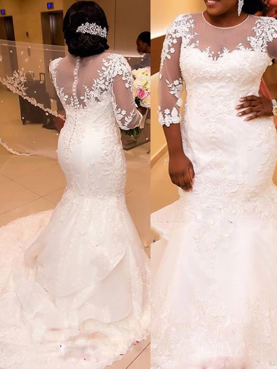 3/4 Length Sleeves Appliques Mermaid Plus Size Wedding Dress
