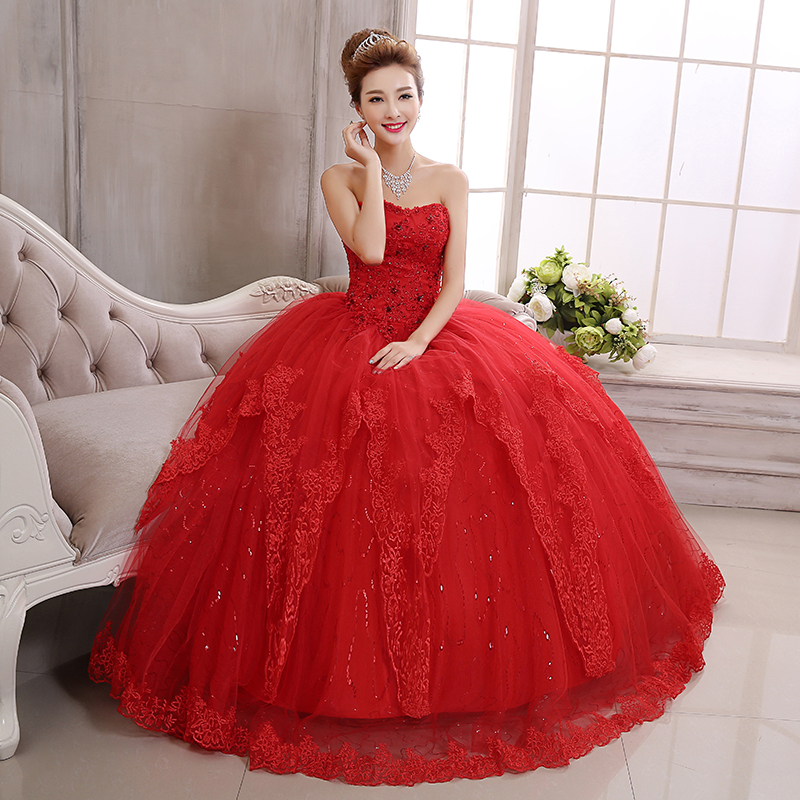 Strapless Appliques Beading Ball Gown Red Wedding Dress
