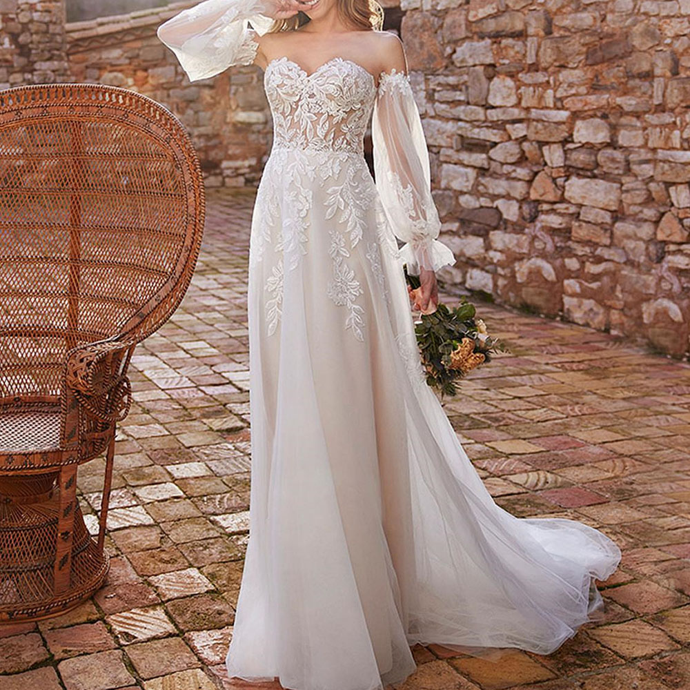 Empire Off-The-Shoulder Lace Floor-Length A-Line Hall Wedding Dress 2022