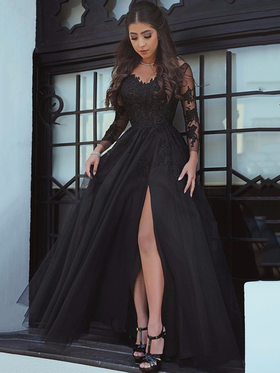 Long Sleeves Appliques Split-Front Black Evening Dress Black Wedding Dress