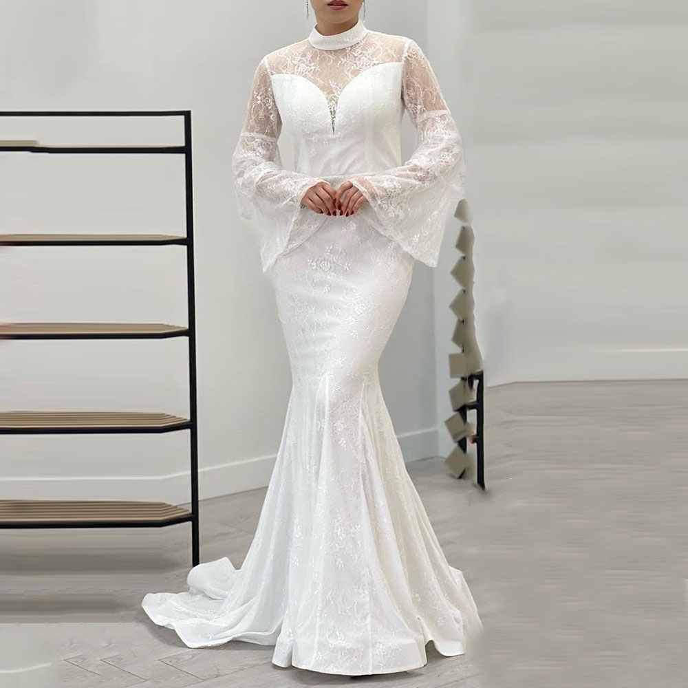 Floor-Length Trumpet/Mermaid Long Sleeves High Neck Church Wedding Dress 2022