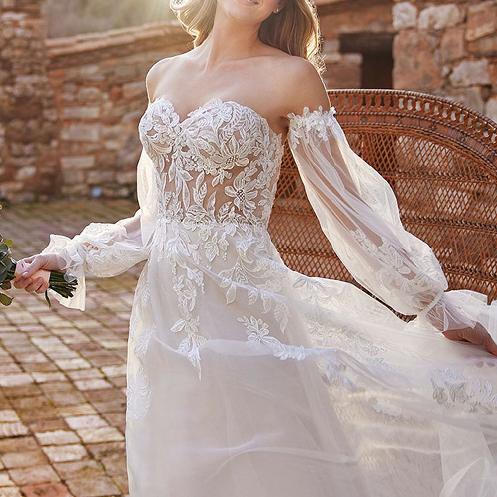 Empire Off-The-Shoulder Lace Floor-Length A-Line Hall Wedding Dress 2022