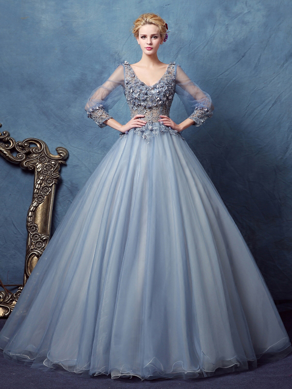 Long Sleeves V-Neck Ball Gown Lace Long Quinceanera Dress