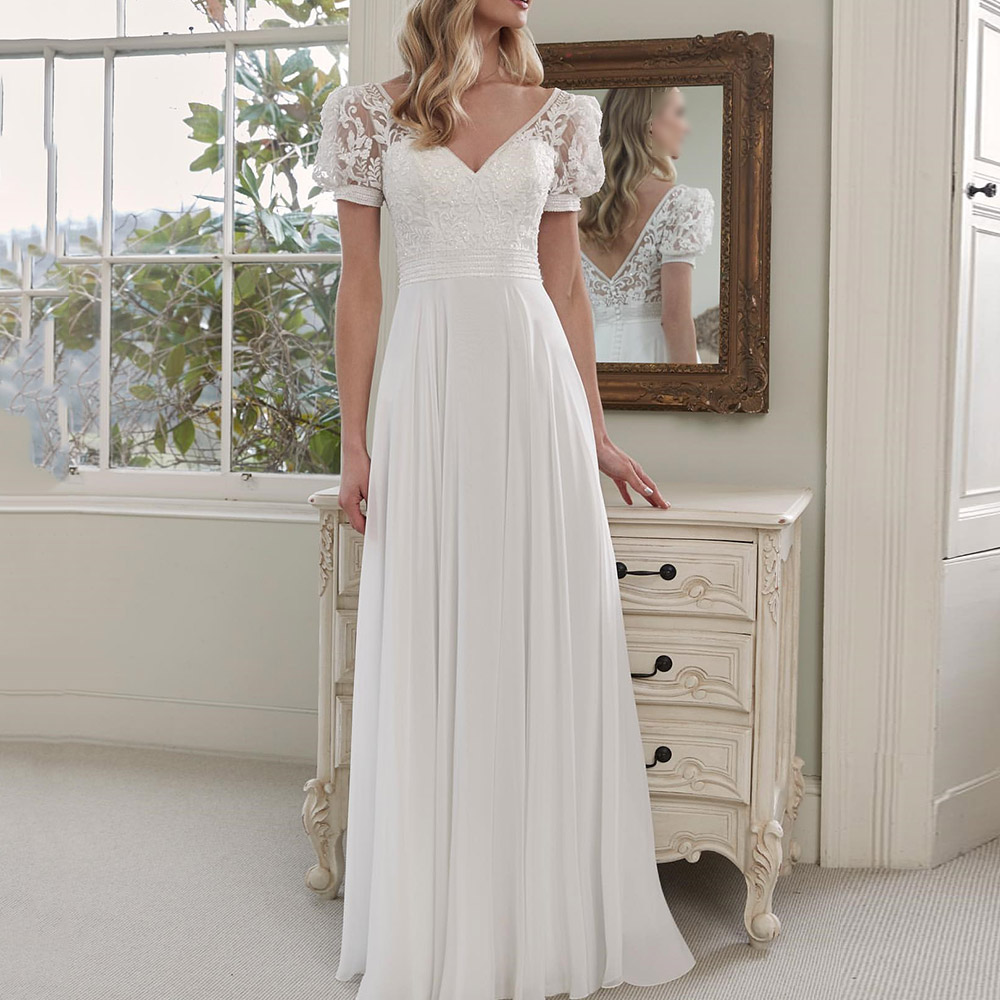 V-Neck A-Line Short Sleeves Floor-Length Hall Wedding Dress 2022