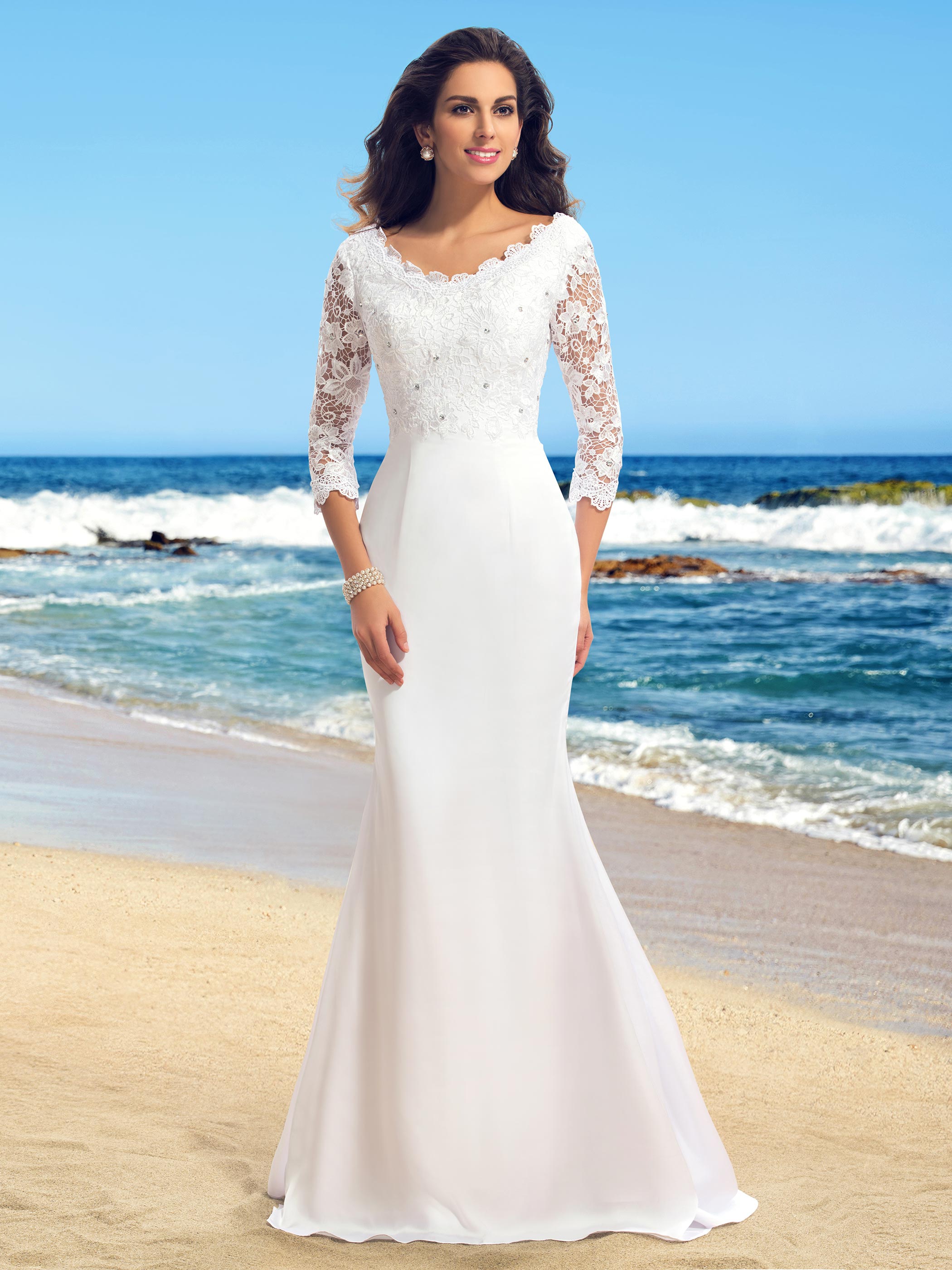 Beading Lace Beach Wedding Dress with Sleeves