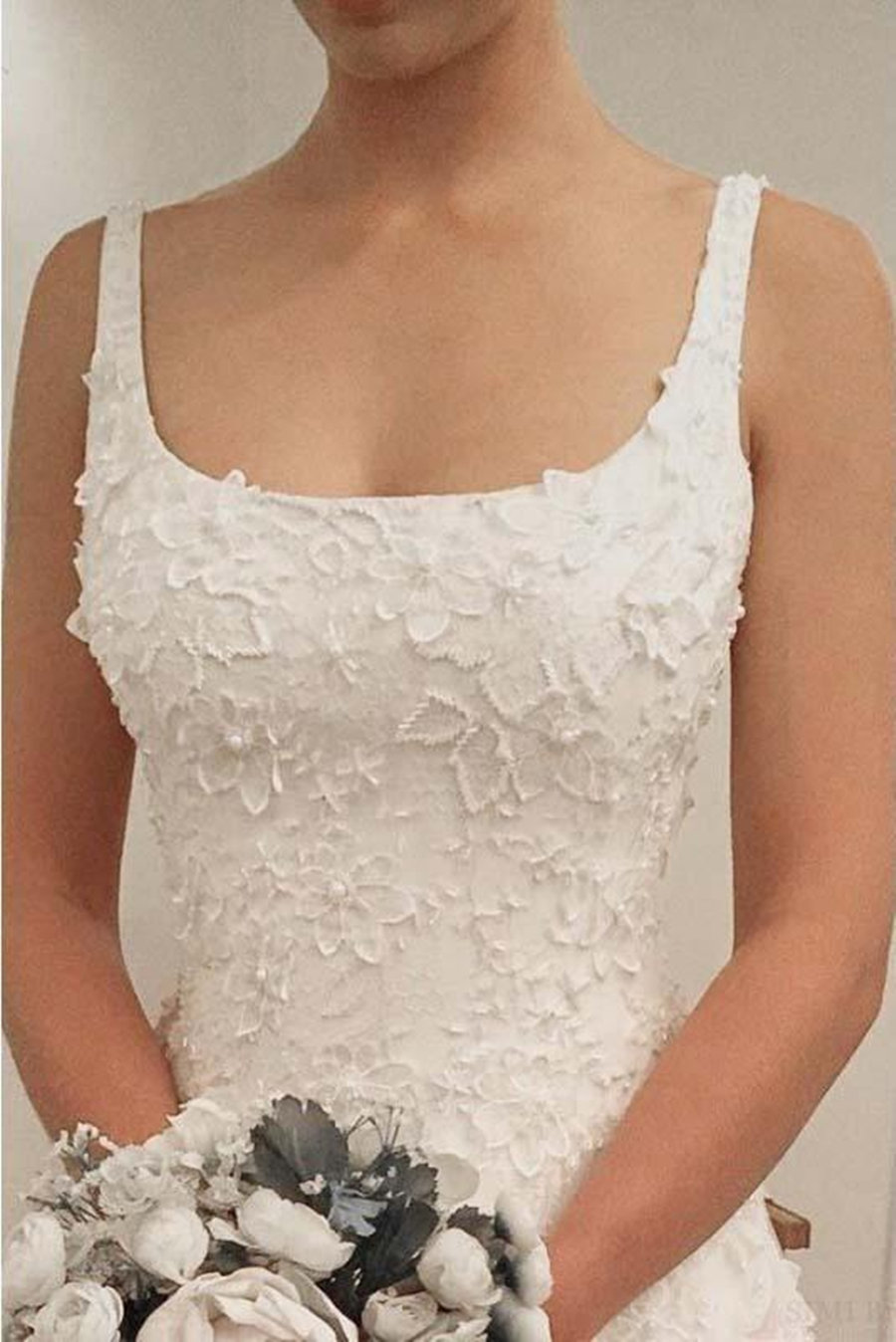 Square Neckline Appliques Button Wedding Dress