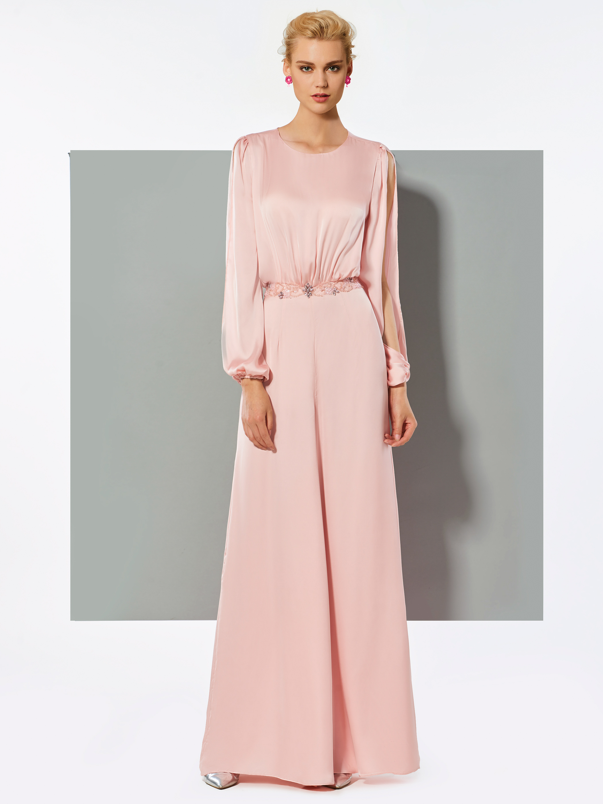 Beading Long Sleeves Pink Evening Jumpsuits