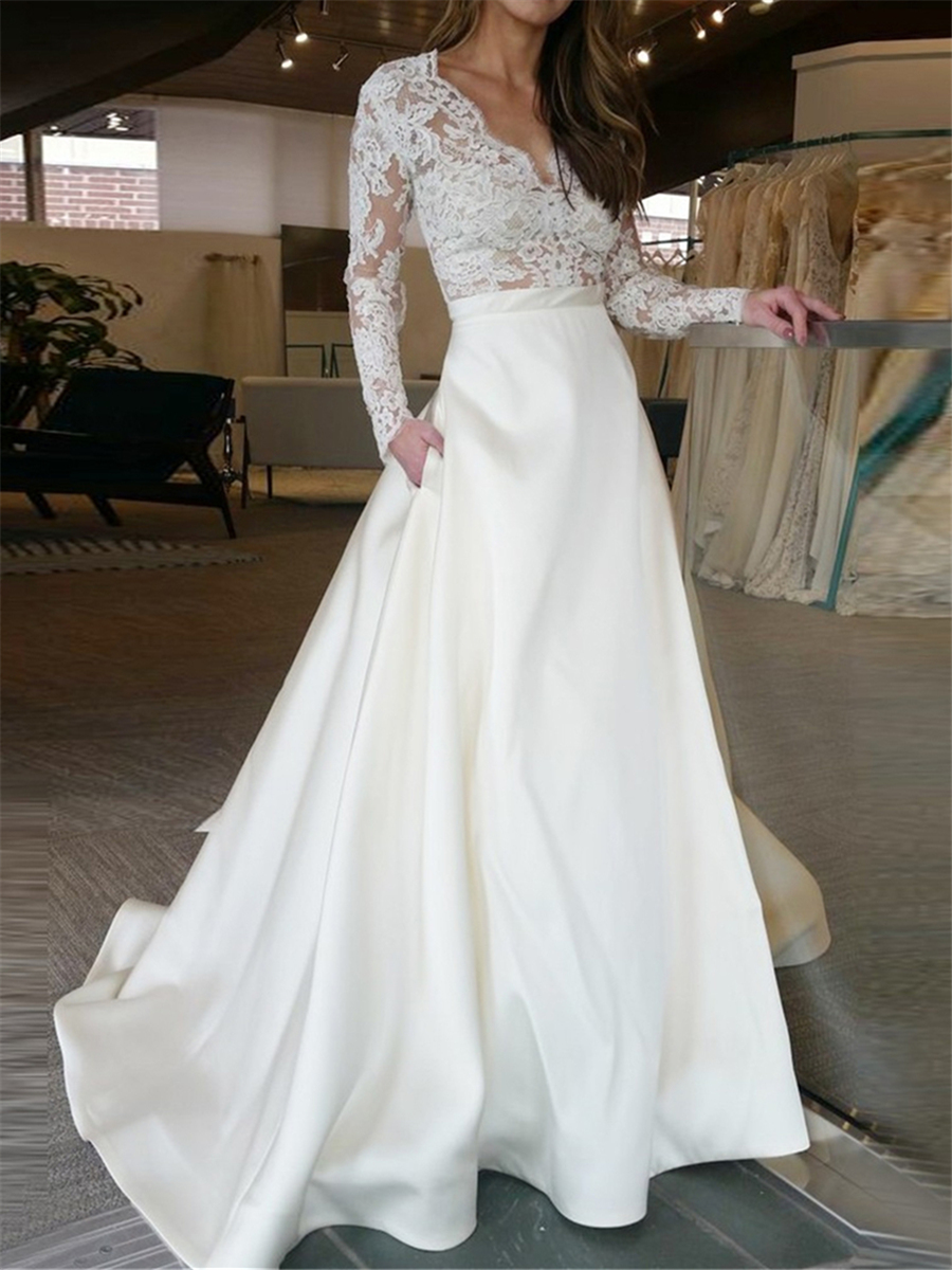 A-Line V-Neck Pockets Lace Wedding Dress with Long Sleeves 2022