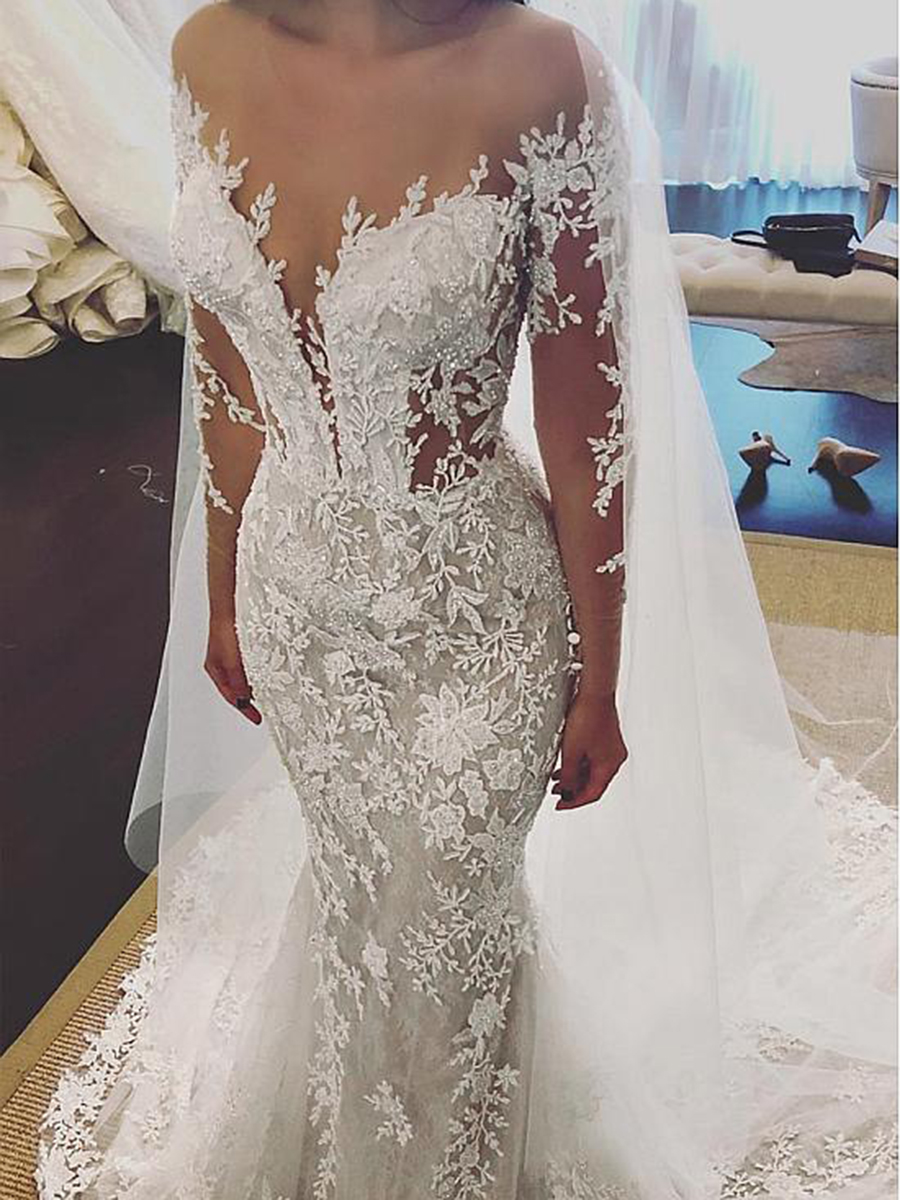 Illusion Neck Long Sleeves Beading Lace Appliques Wedding Dress
