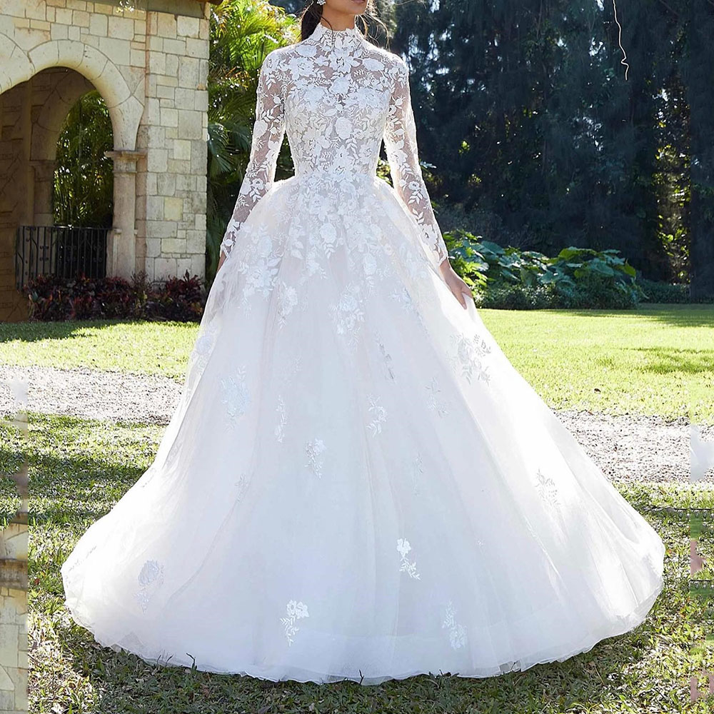 Floor-Length Long Sleeves High Neck Lace Church Wedding Dress 2022