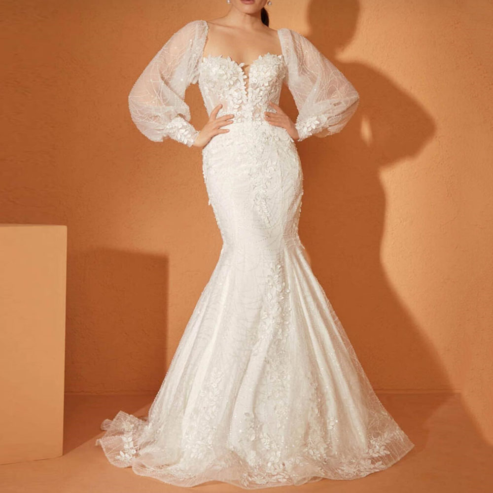 Long Sleeves Square Floor-Length Lace Mermaid Wedding Dress 2022