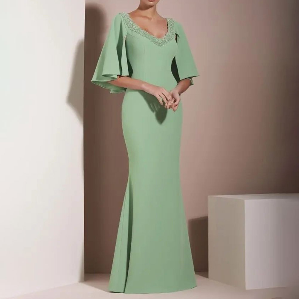 Elegant Floor-Length Half Sleeves V-Neck Trumpet Evening Dress 2022