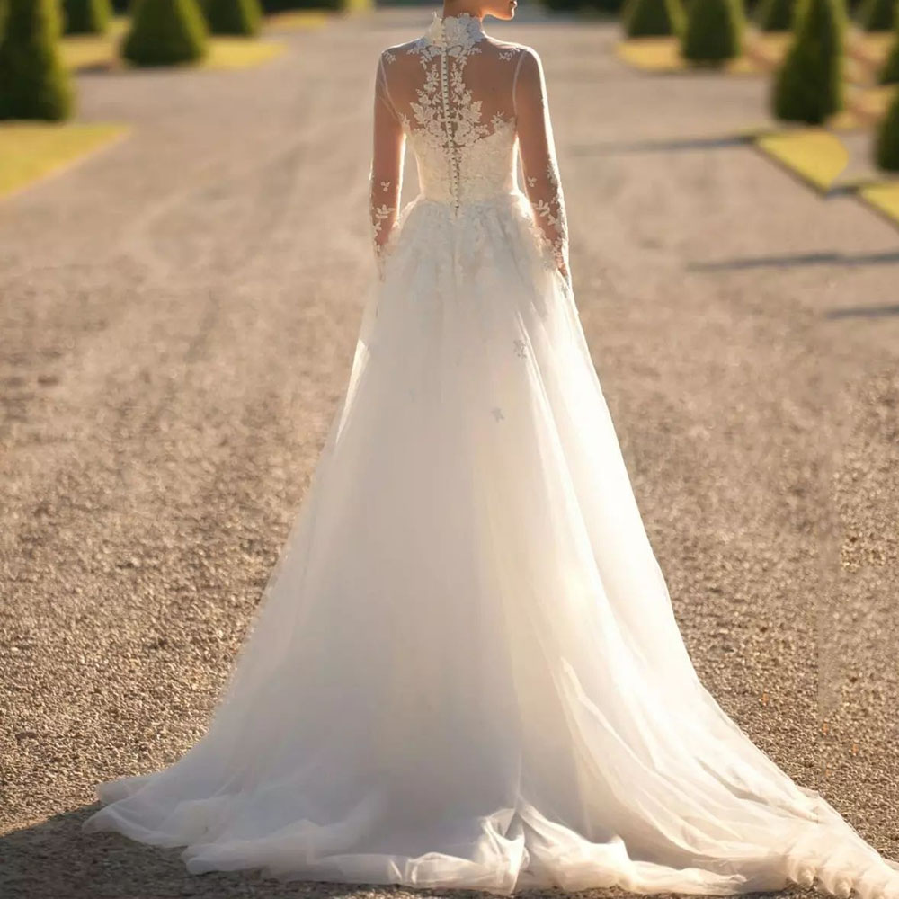 Lace Long Sleeves Floor-Length High Neck Church Wedding Dress 2022