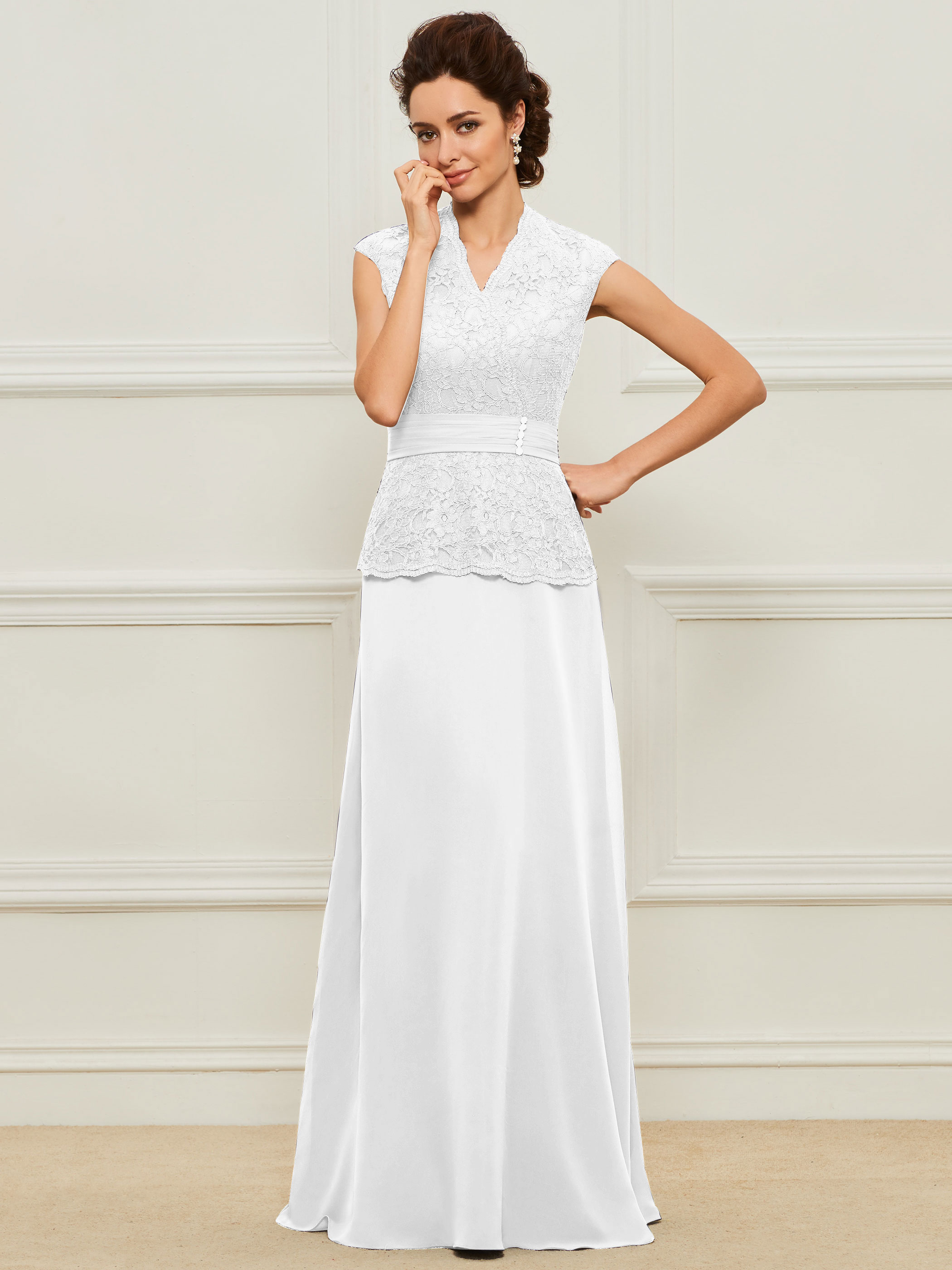 Cap Sleeve V-Neck Lace Mother of the Bride Dress