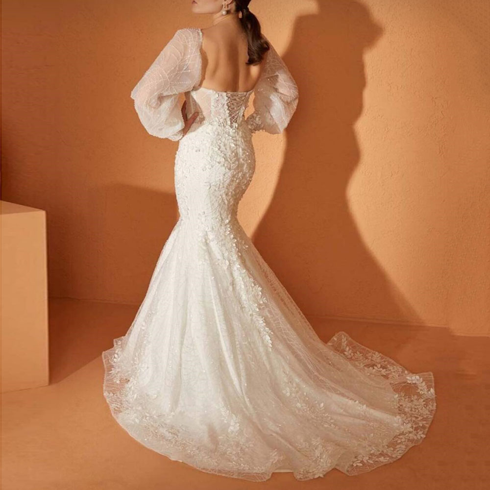 Long Sleeves Square Floor-Length Lace Mermaid Wedding Dress 2022