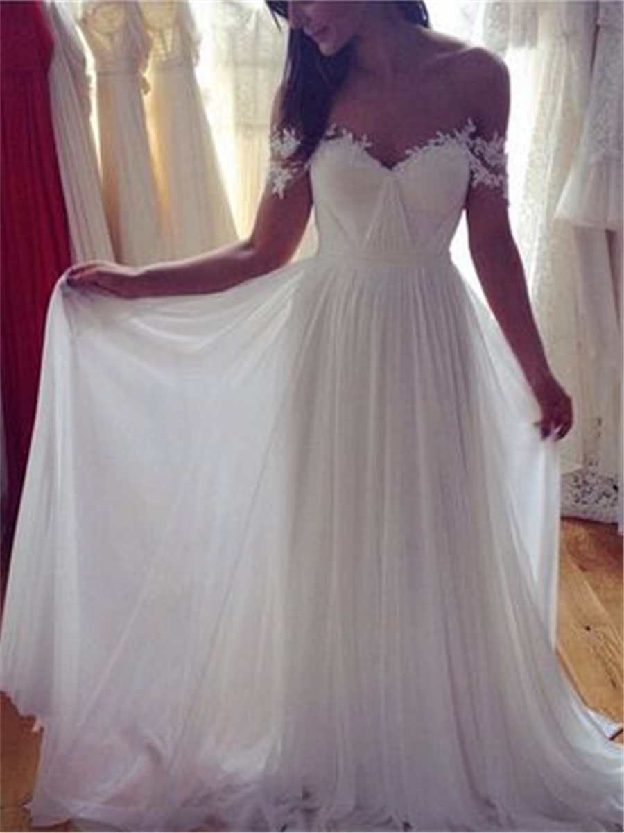 Off-The-Shoulder Ruched Appliques Beach Wedding Dress