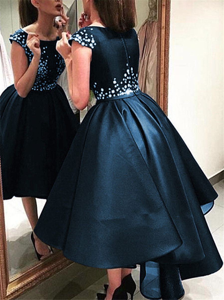 Appliques Cap Sleeves High Low Black Prom Dress