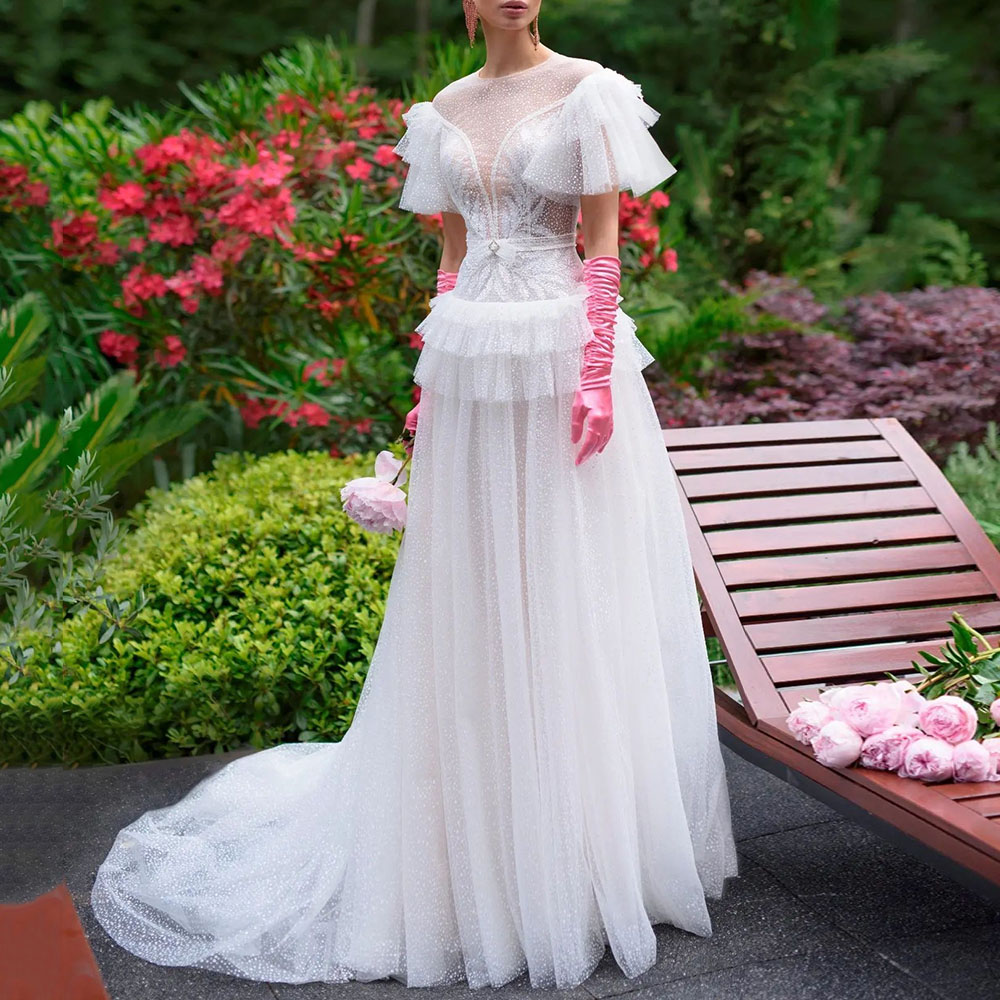 Floor-Length Trumpet/Mermaid Scoop Short Sleeves Hall Wedding Dress 2022