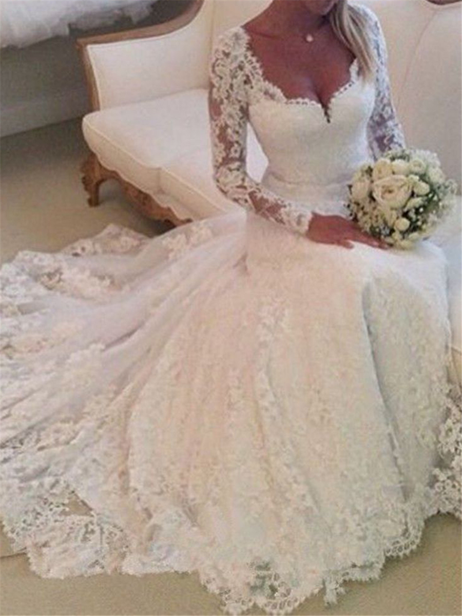 Button Back Lace Wedding Dress with Long Sleeves