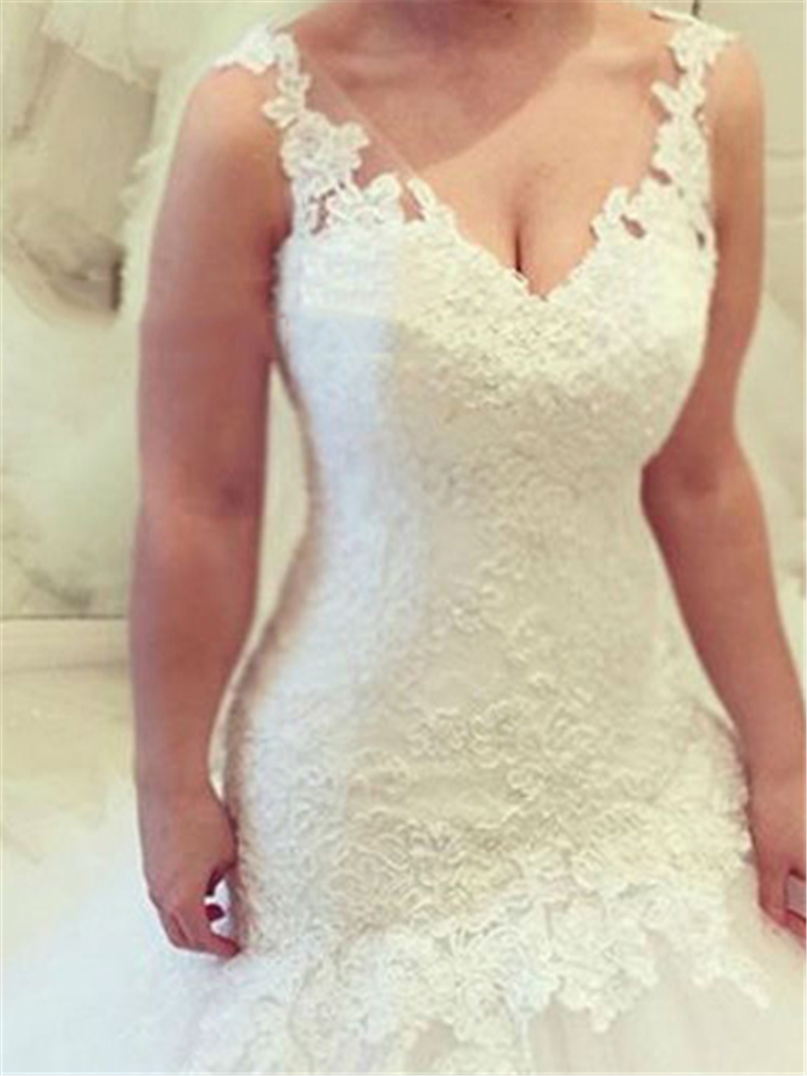 V-Neck Appliques Lace Mermaid Wedding Dress