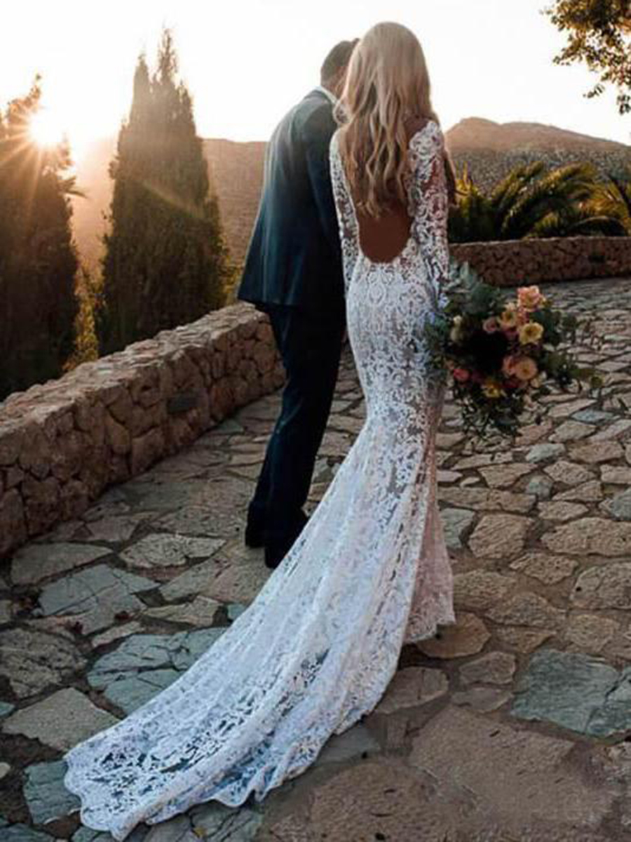 Long Sleeves V-Neck Lace Backless Boho Wedding Dress 2020