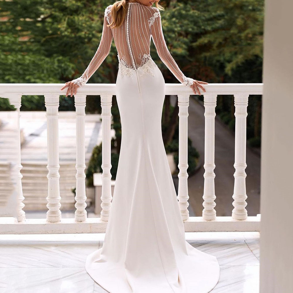 Long Sleeves Floor-Length Split-Front Scoop Church Wedding Dress 2022
