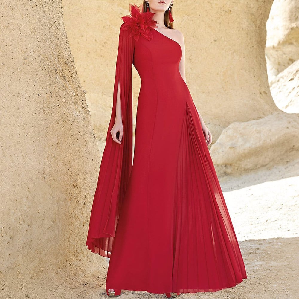 Floor-Length Pleats One Shoulder Long Sleeves Evening Dress 2022