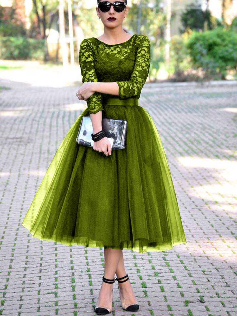 Scoop Neck 3/4 Length Sleeves Lace Tea-Length Evening Dress
