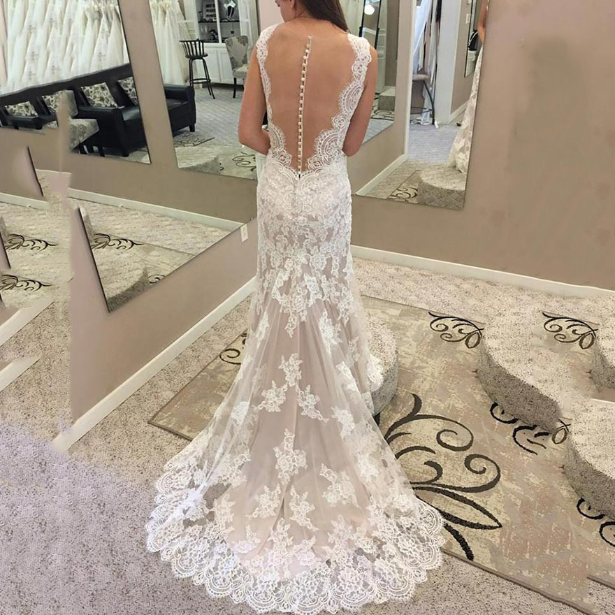 Button Sheer Back Mermaid Lace Wedding Dress 2021