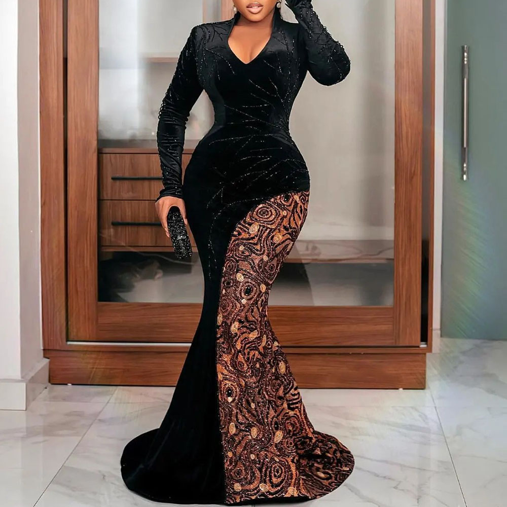 Mermaid Sequins Floor-Length V-Neck Celebrity Evening Dress 2022
