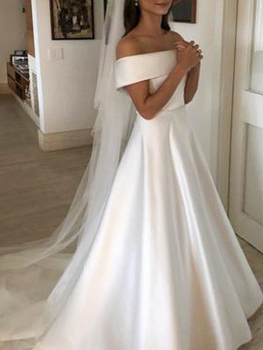 Elegant A-Line Button Bowknot Off the Shoulder Wedding Dress