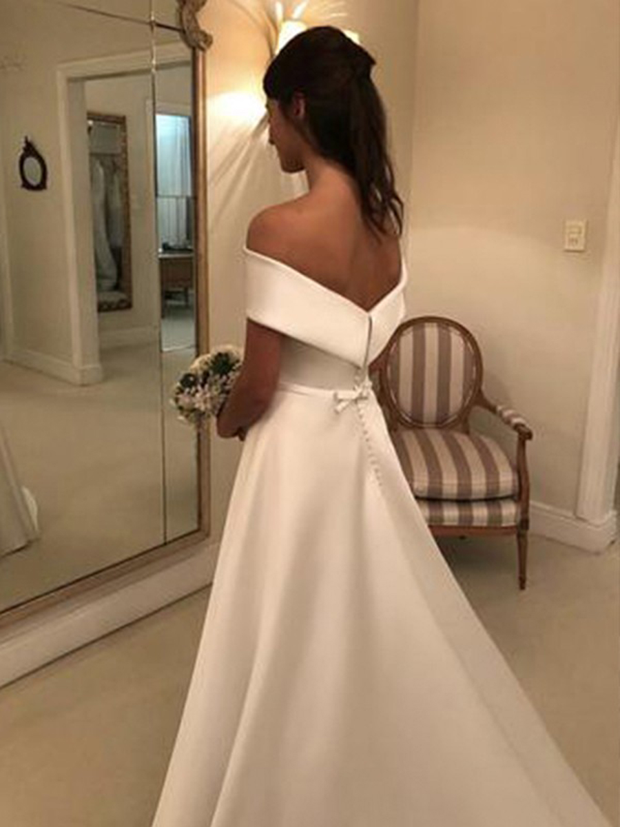 Elegant A-Line Button Bowknot Off the Shoulder Wedding Dress