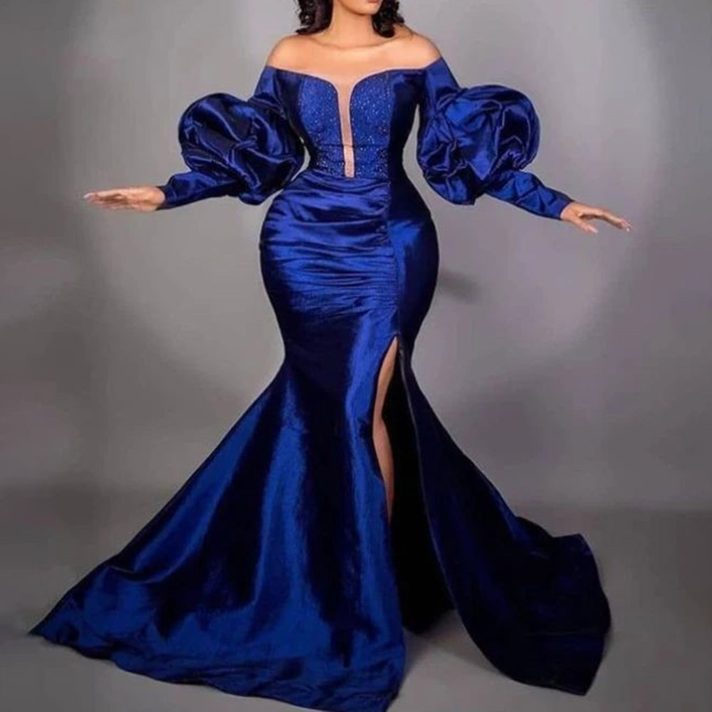 V-Neck Long Sleeves Mermaid Floor-Length Formal Evening Dress 2022