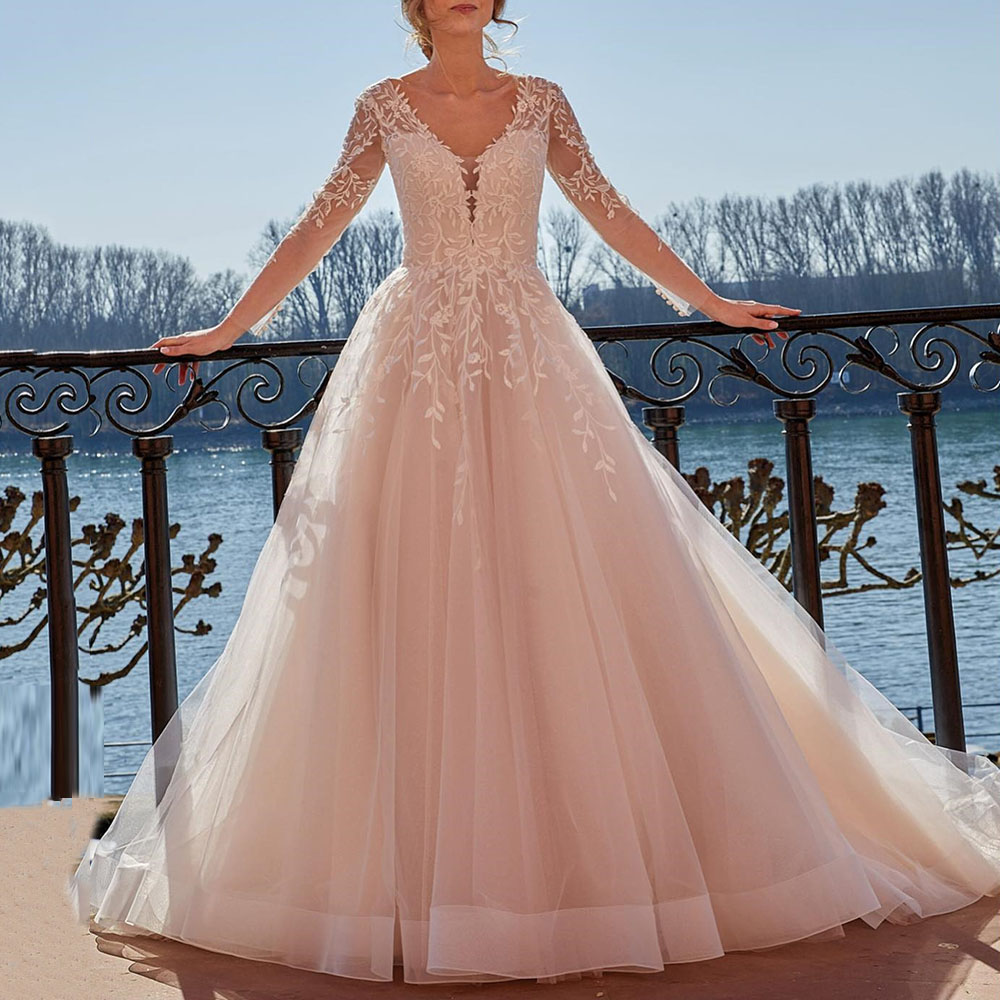 A-Line Floor-Length V-Neck Lace Outdoor Wedding Dress 2022