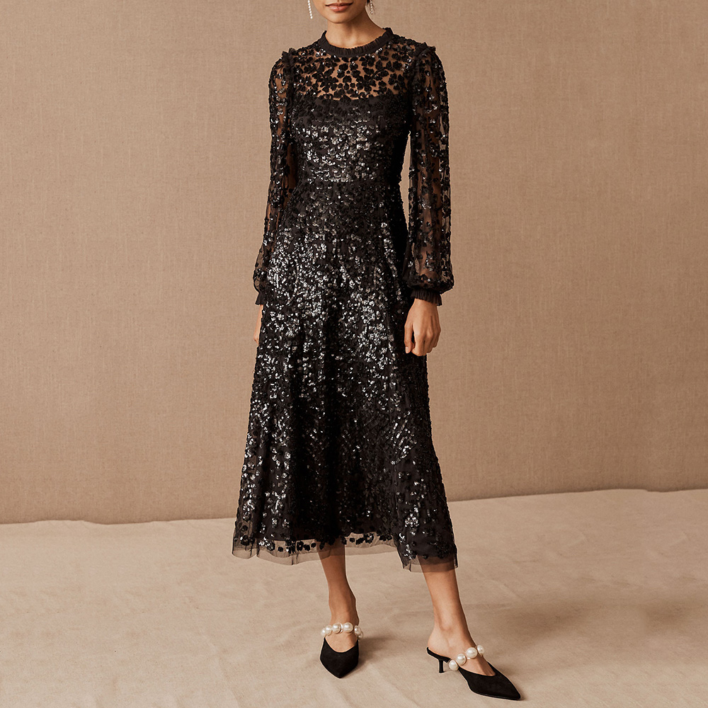 Sequins Long Sleeve Tea-Length Lace Scoop A-Line Evening Dress 2021