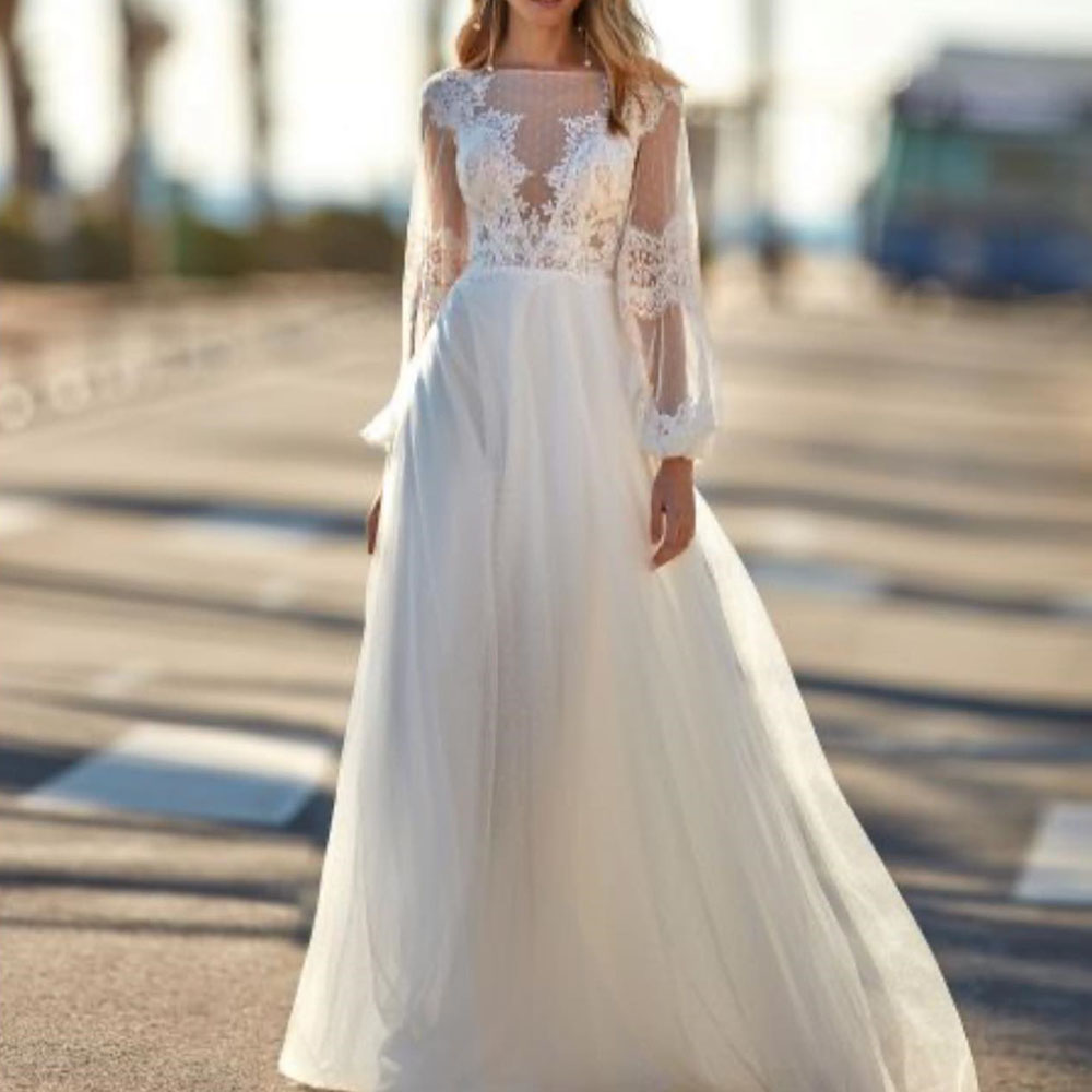 Long Sleeves Lace A-Line Floor-Length Hall Wedding Dress 2022