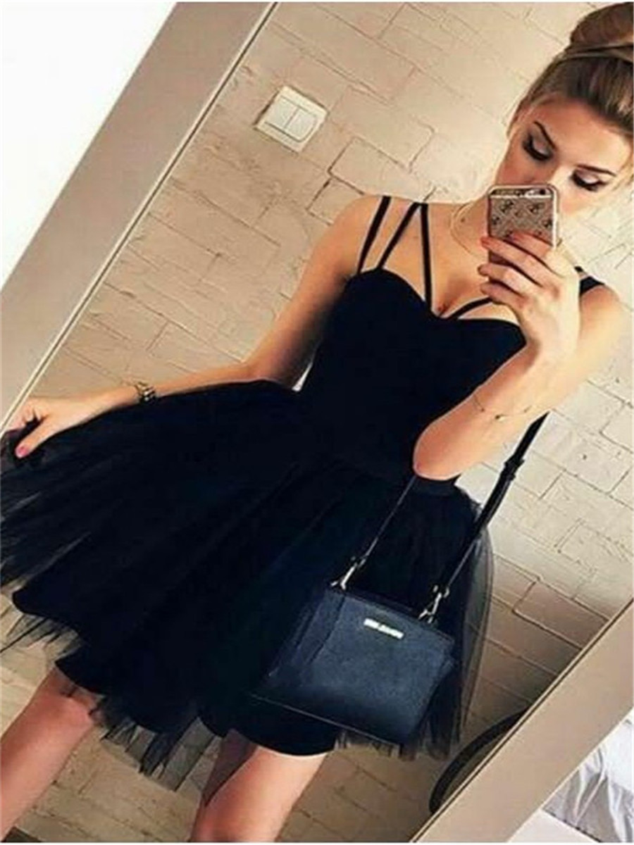 Ball Gown Spaghetti Straps Short Mini Tulle Black Homecoming Dress 2021