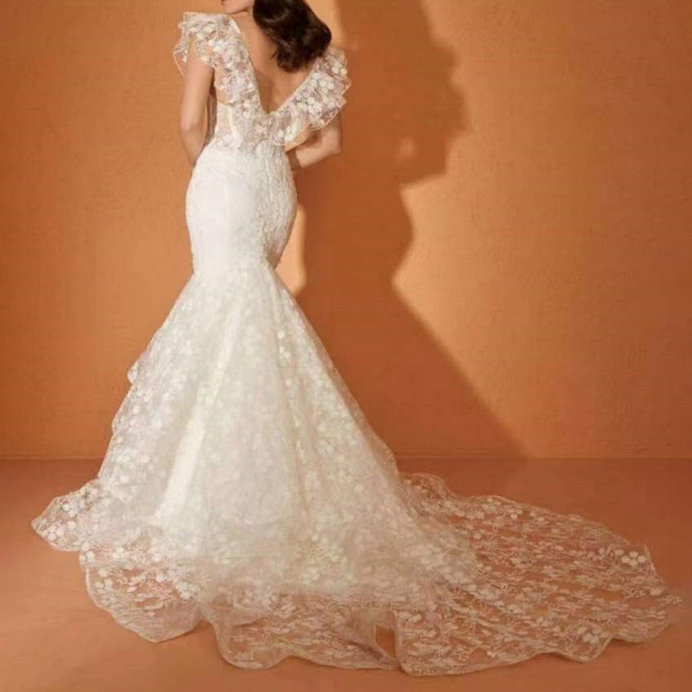 Lace Floor-Length Trumpet/Mermaid Short Sleeves Church Wedding Dress 2022