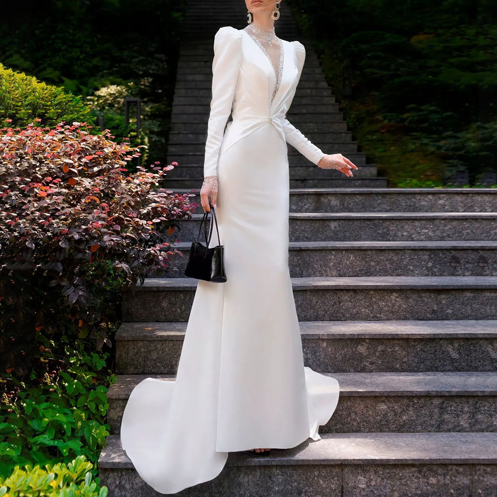 Long Sleeves Hollow Floor-Length High Neck Garden/Outdoor Wedding Dress 2022