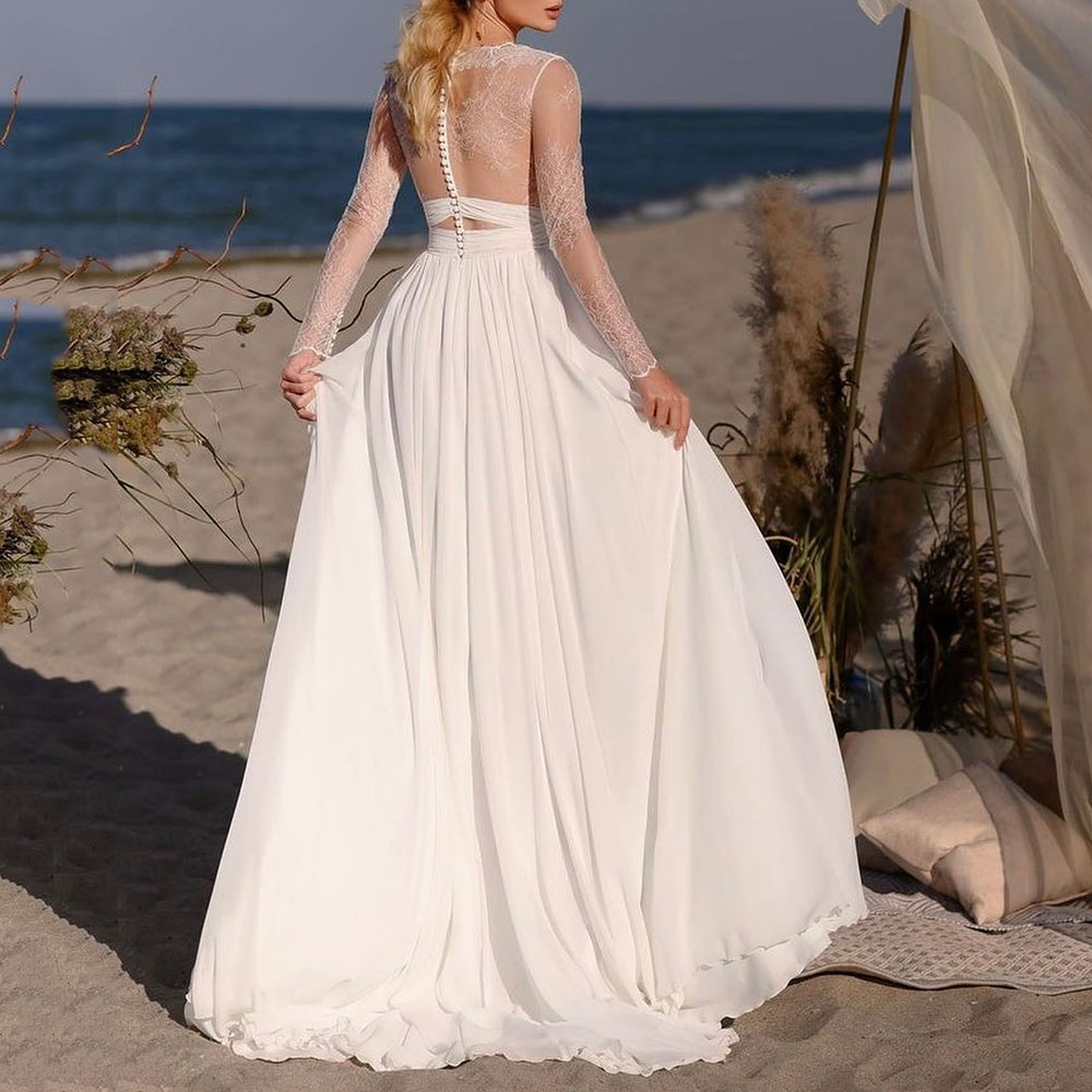 Long Sleeves V-Neck A-Line Floor-Length Hall Wedding Dress 2022